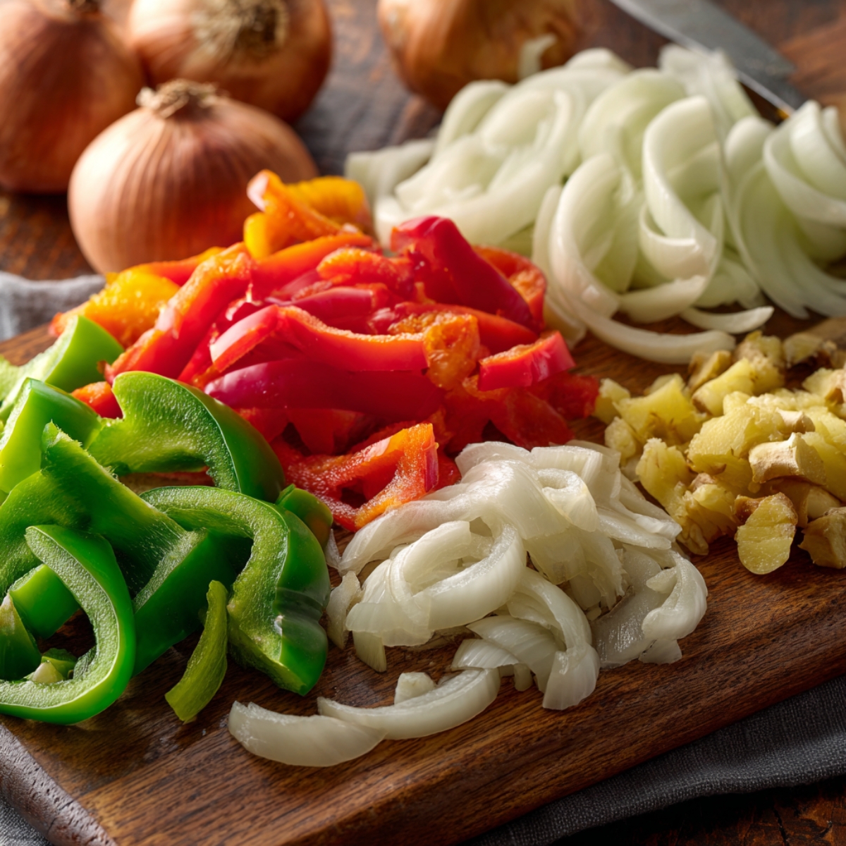 “Freshly chopped red and green bell peppers, onions, garlic, and ginger on a wooden cutting board ready for stir-fry.”