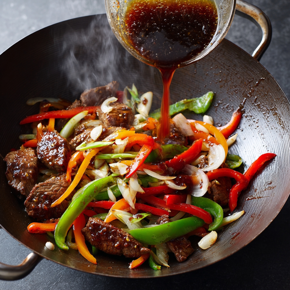 “Colorful stir-fry of beef, bell peppers, onions, and carrots in a wok, with savory sauce being poured in.”
