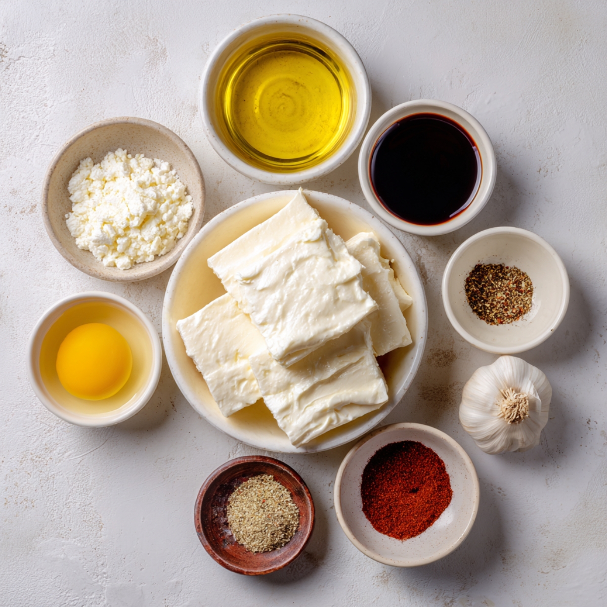 Ingredients for creamy steak tortellini laid out on a light surface — blocks of cream cheese, a cracked egg, bowls of olive oil, soy sauce, ricotta, garlic, paprika, Italian seasoning, and black pepper.