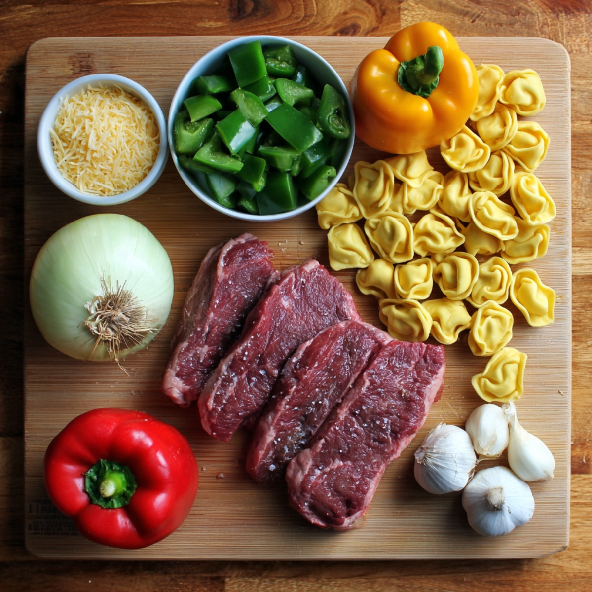 Ingredients for Philly cheesesteak tortellini displayed on a cutting board — raw steak, tortellini pasta, red and yellow bell peppers, garlic bulbs, chopped green peppers, onion, and shredded cheese.