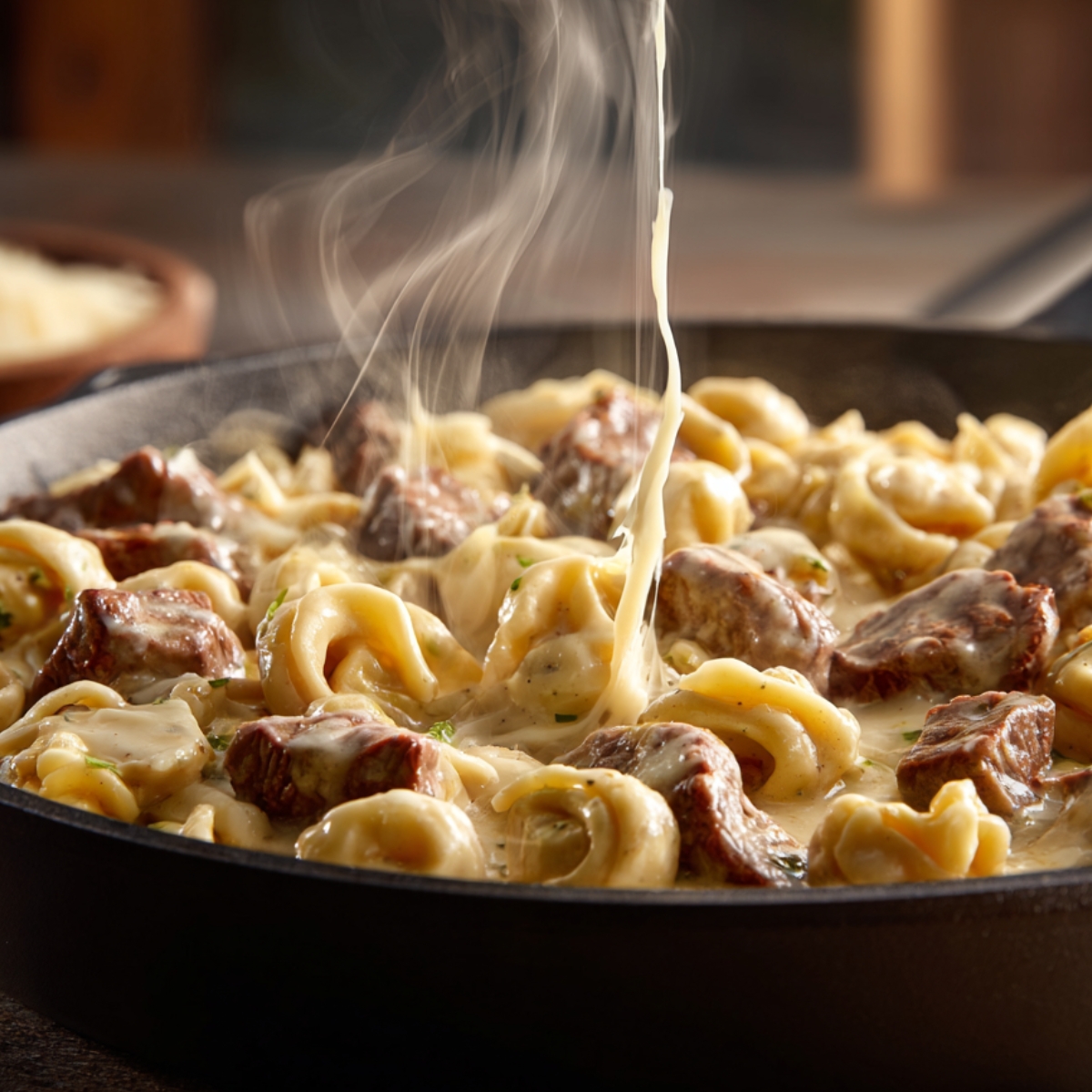 Steam rising from a skillet filled with tortellini and seared steak coated in a creamy sauce, being poured from above for a glossy finish.
