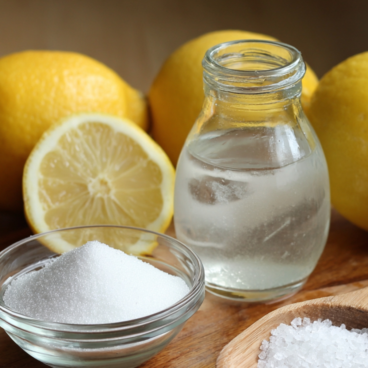 Lemonade ingredients on a wooden surface — a bowl of sugar, sliced lemons, rock salt, and a glass jar of sparkling water.