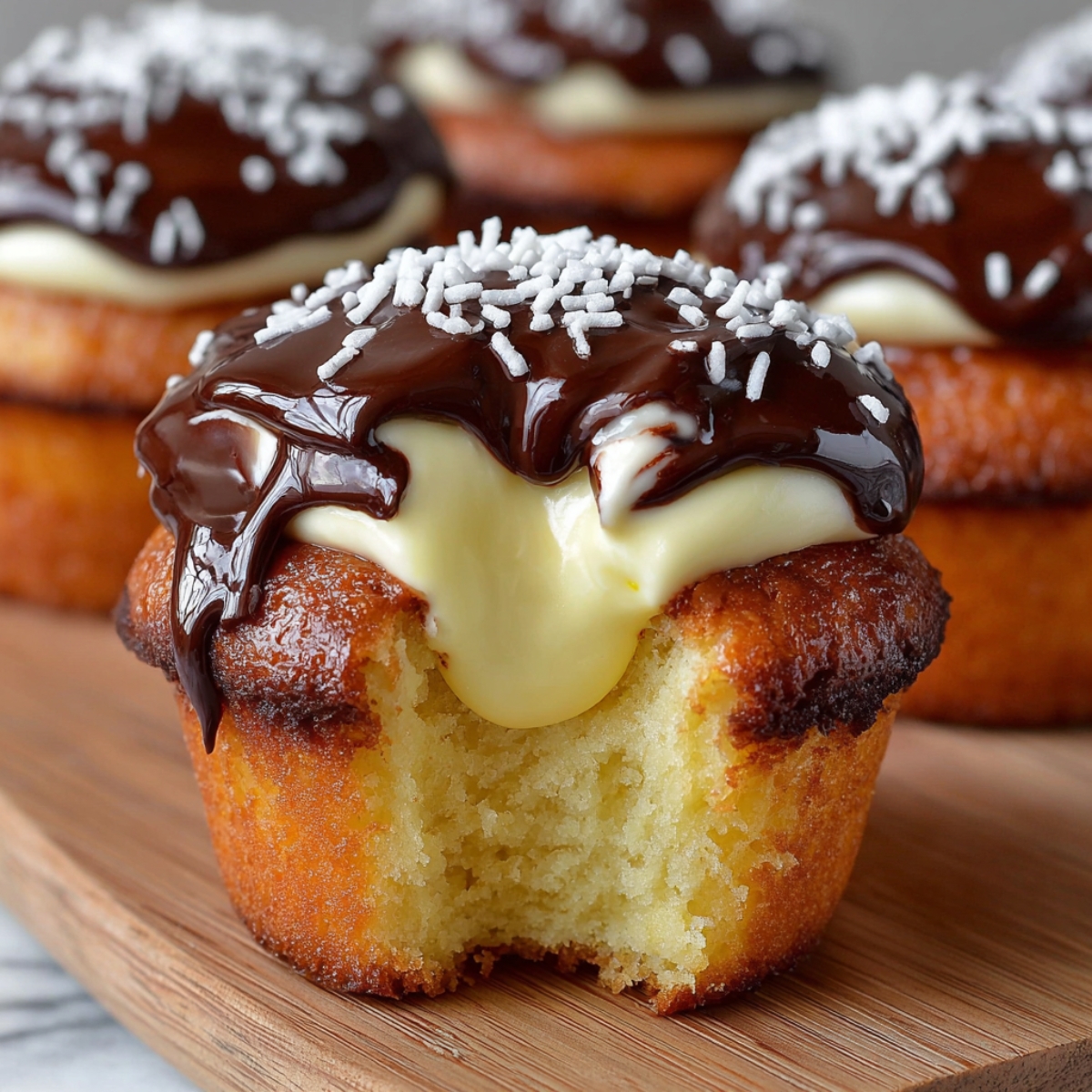 A close-up oBoston cream pie cupcakes with vanilla cream, topped with chocolate glaze and sprinkled with white sugar crystals, with one cupcake showing a bite taken out.