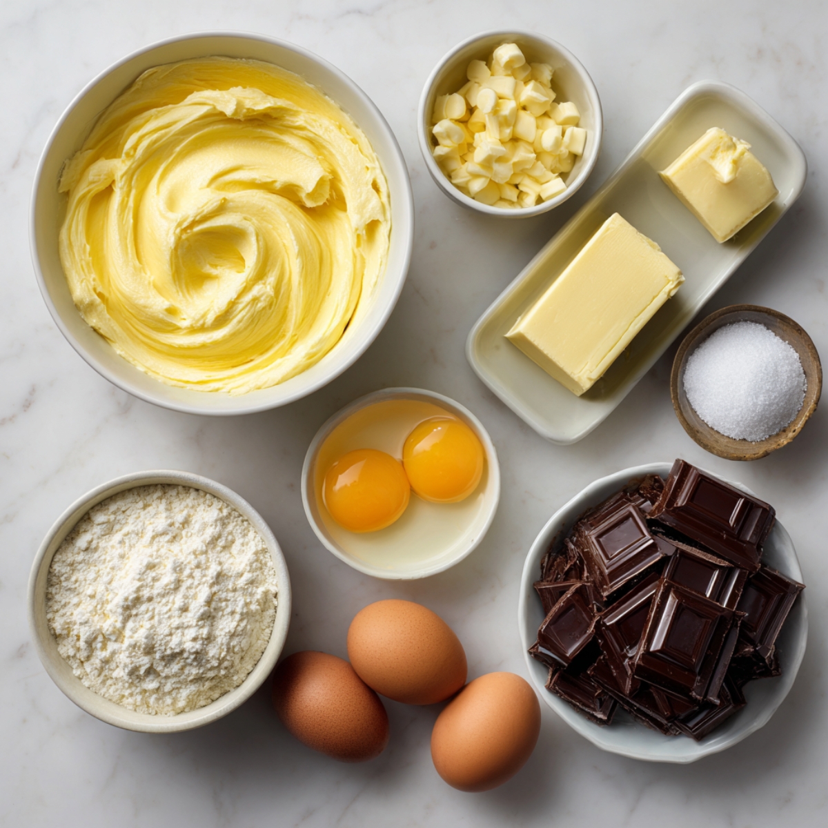 A bowl filled with white flour, placed near other baking ingredients like butter and eggs.