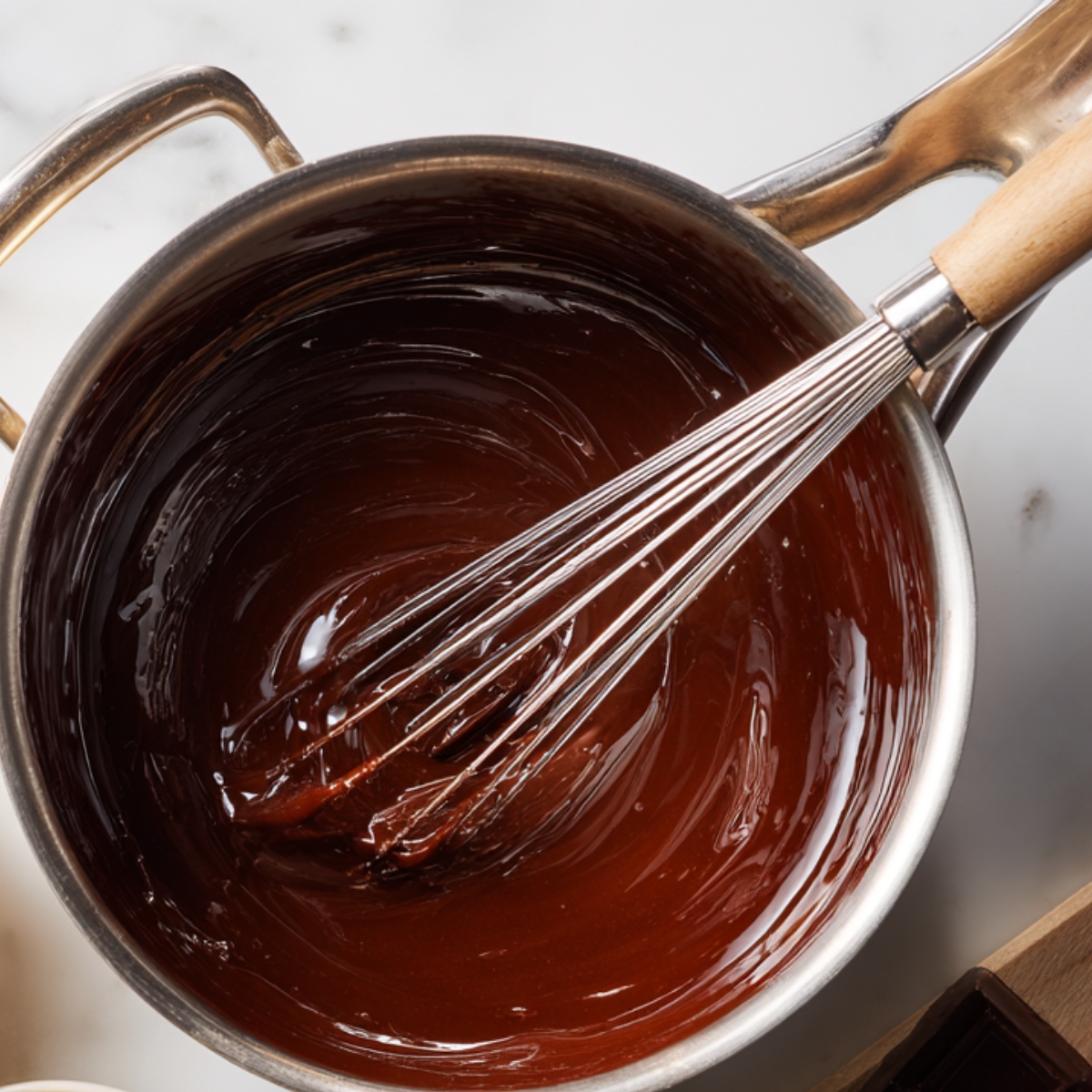 A saucepan filled with glossy melted chocolate, being stirred with a whisk.