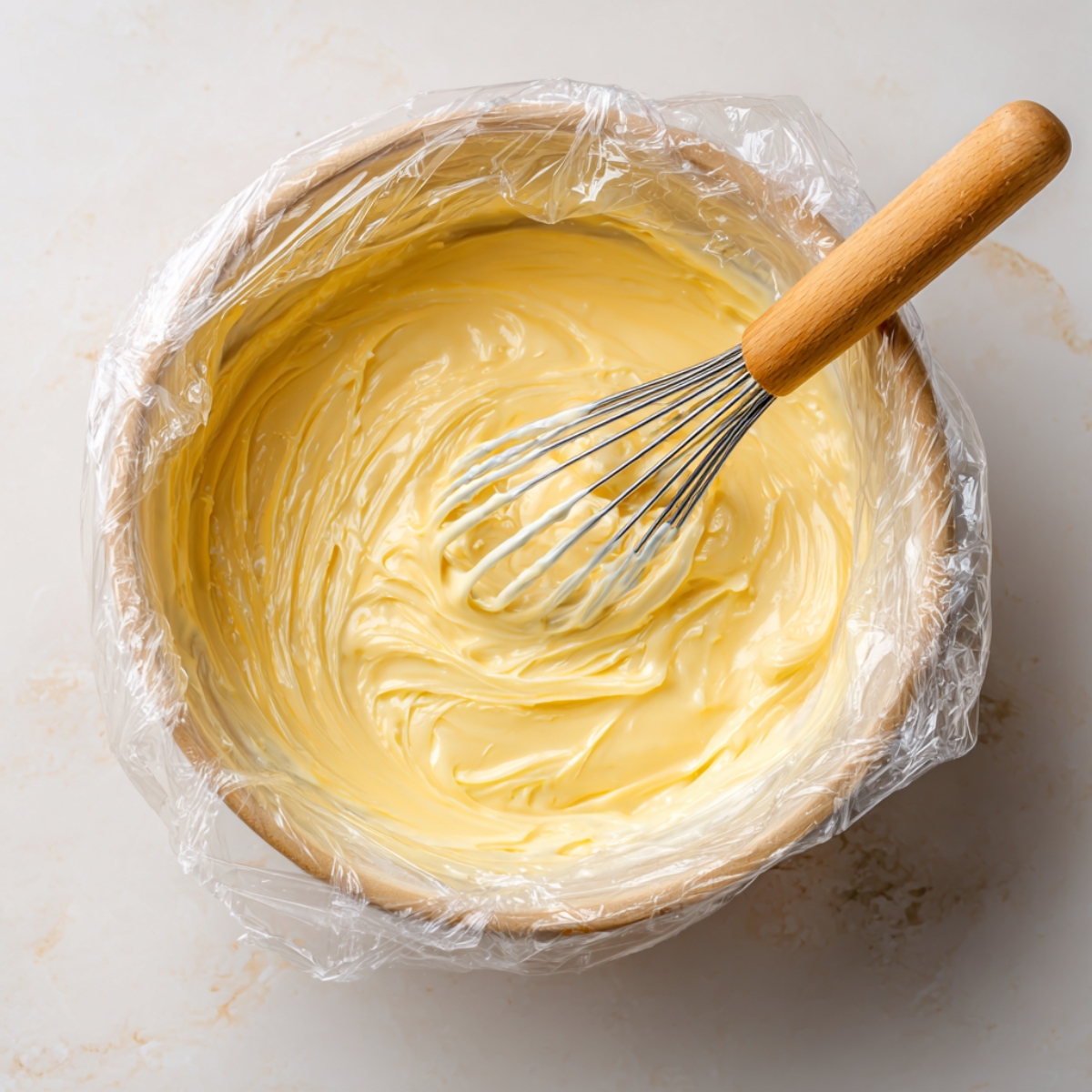 A mixing bowl covered with plastic wrap containing smooth yellow cream, with a whisk resting inside.