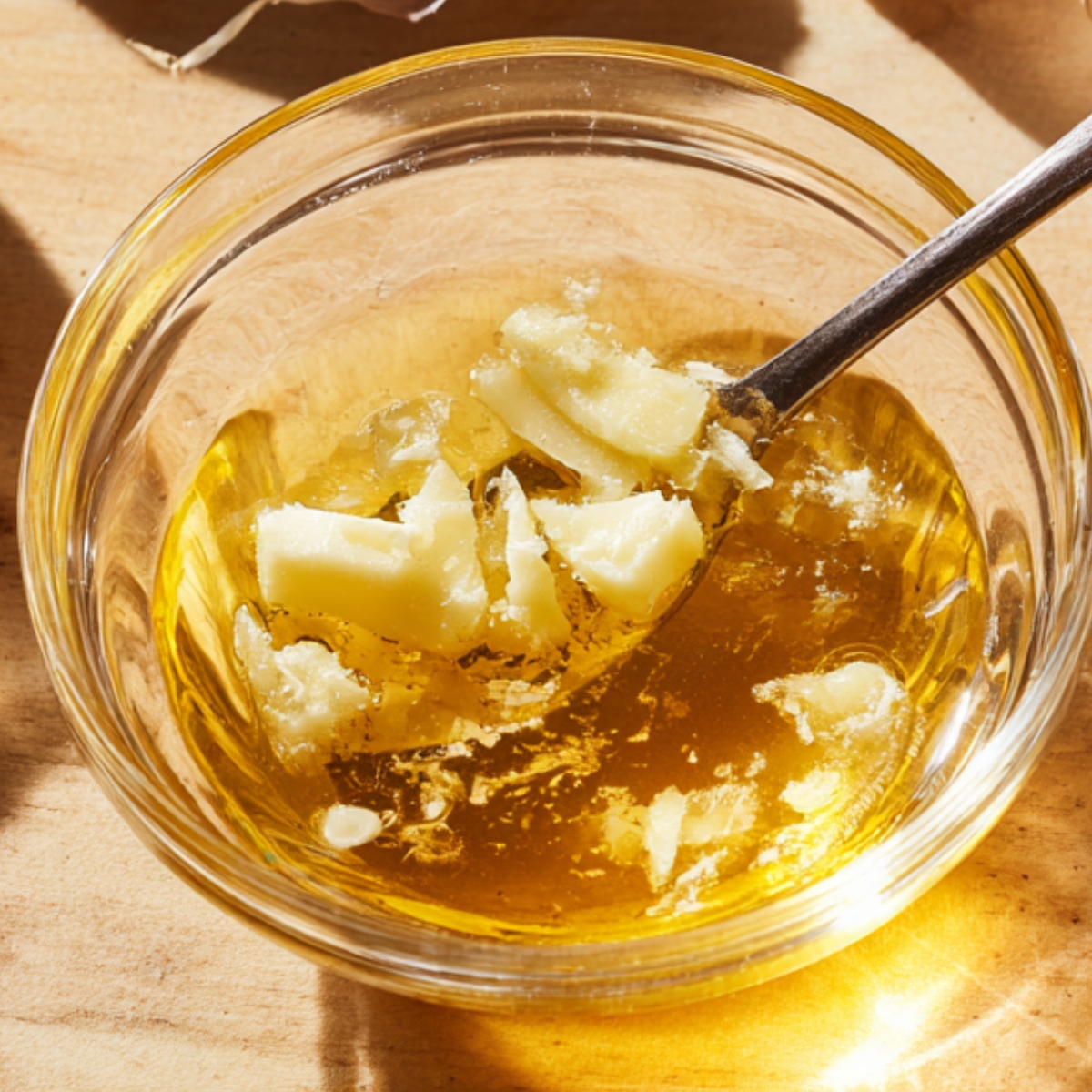 A small glass bowl containing melted butter with chunks of unmelted butter inside, a spoon resting in it, under warm lighting.