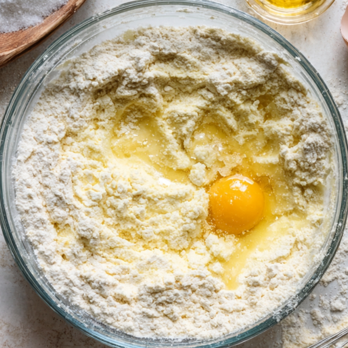A glass bowl containing a mixture of flour, sugar, butter, and a cracked egg yolk in the center, ready to be mixed for baking.