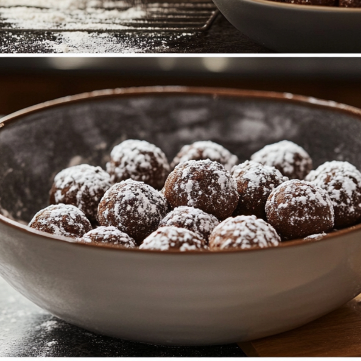 A ceramic bowl filled with round chocolate truffle balls dusted with powdered sugar, placed on a dark kitchen counter with scattered sugar.