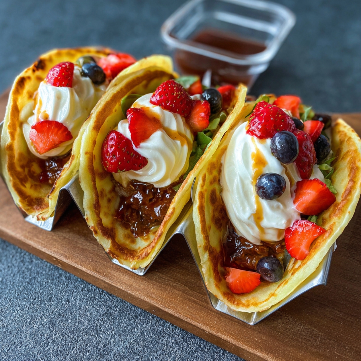 Three folded crepes served taco-style, filled with pancake tacos fresh strawberries, blueberries, and drizzled with caramel sauce, placed on a wooden board.
