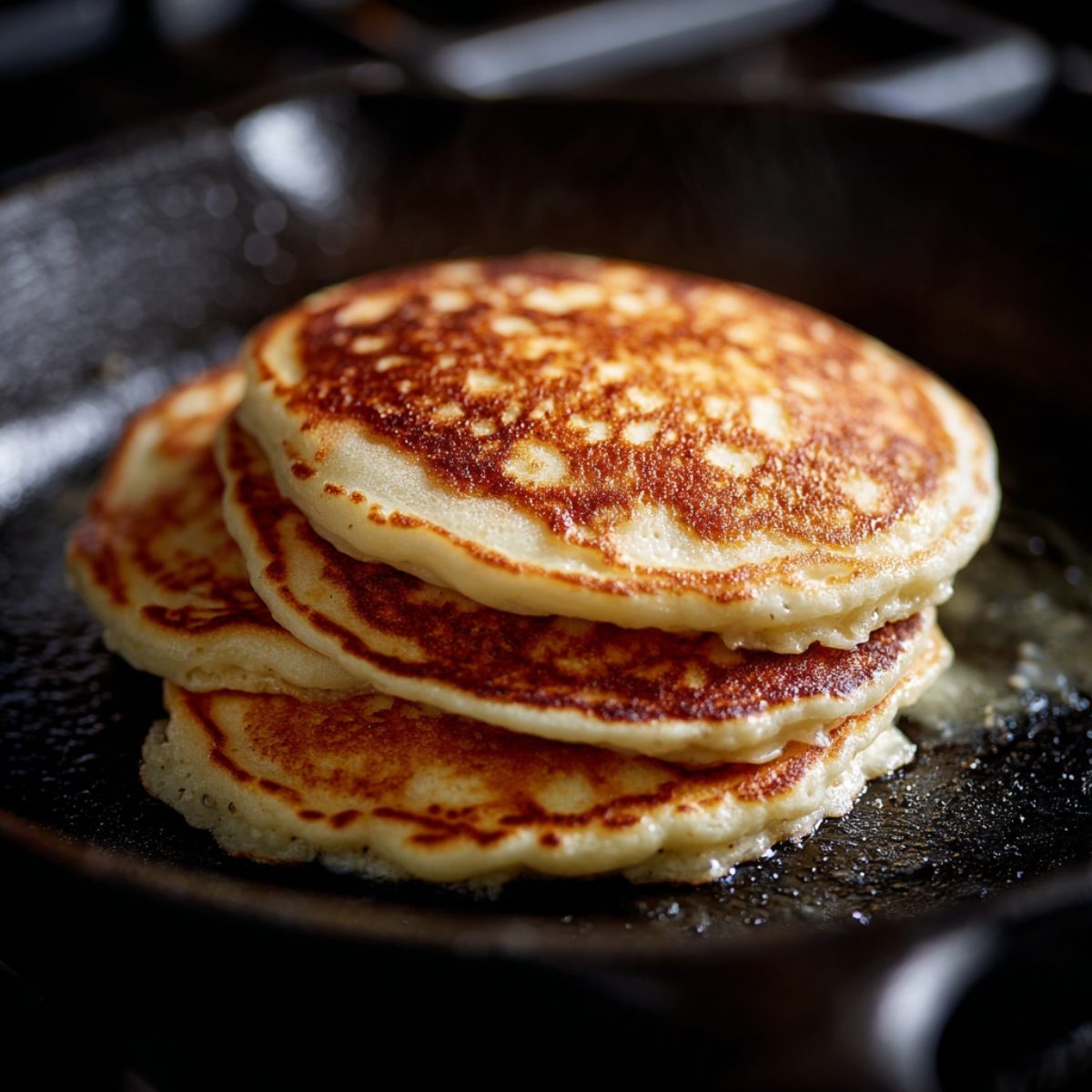 A stack of fluffy golden-brown pancakes cooking in a cast-iron skillet, with crisp edges and a soft texture.