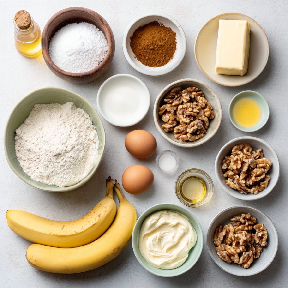 Overhead view of banana walnut cake ingredients — ripe bananas, eggs, flour, sugar, butter, walnuts, cinnamon, vanilla, and buttermilk — arranged neatly in bowls.