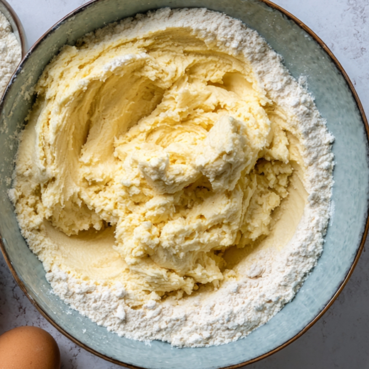 Mixing bowl with creamed butter and sugar being blended into flour, forming a light fluffy batter for the banana walnut cake.
