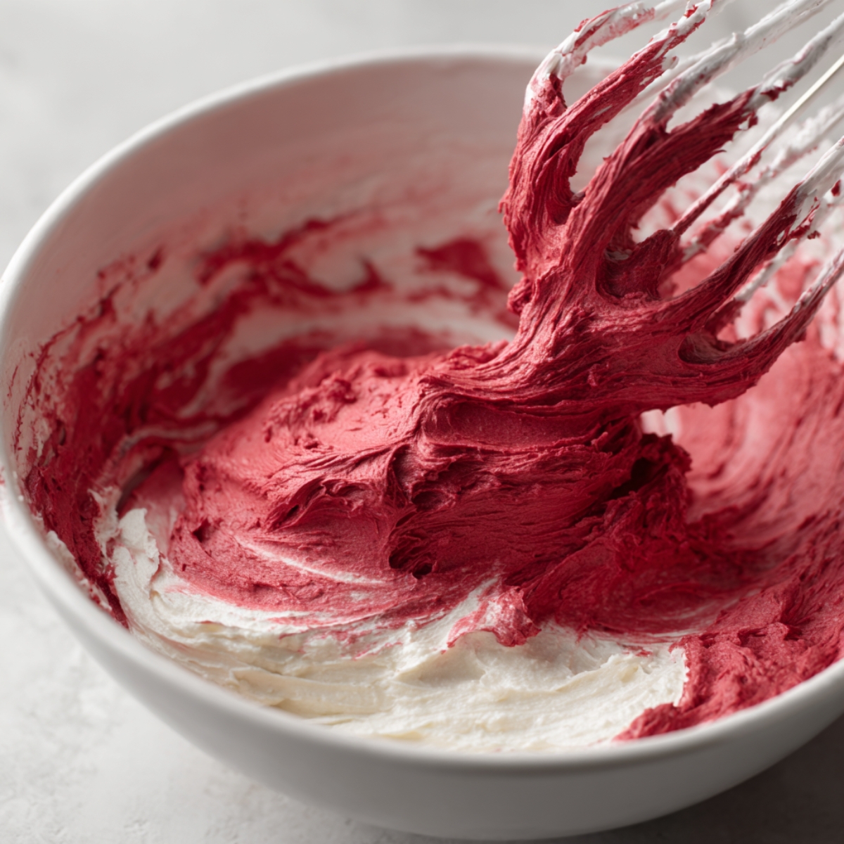 Mixing bowl with red and white cake batter being swirled together, showing a rich red velvet color and creamy texture on a whisk.