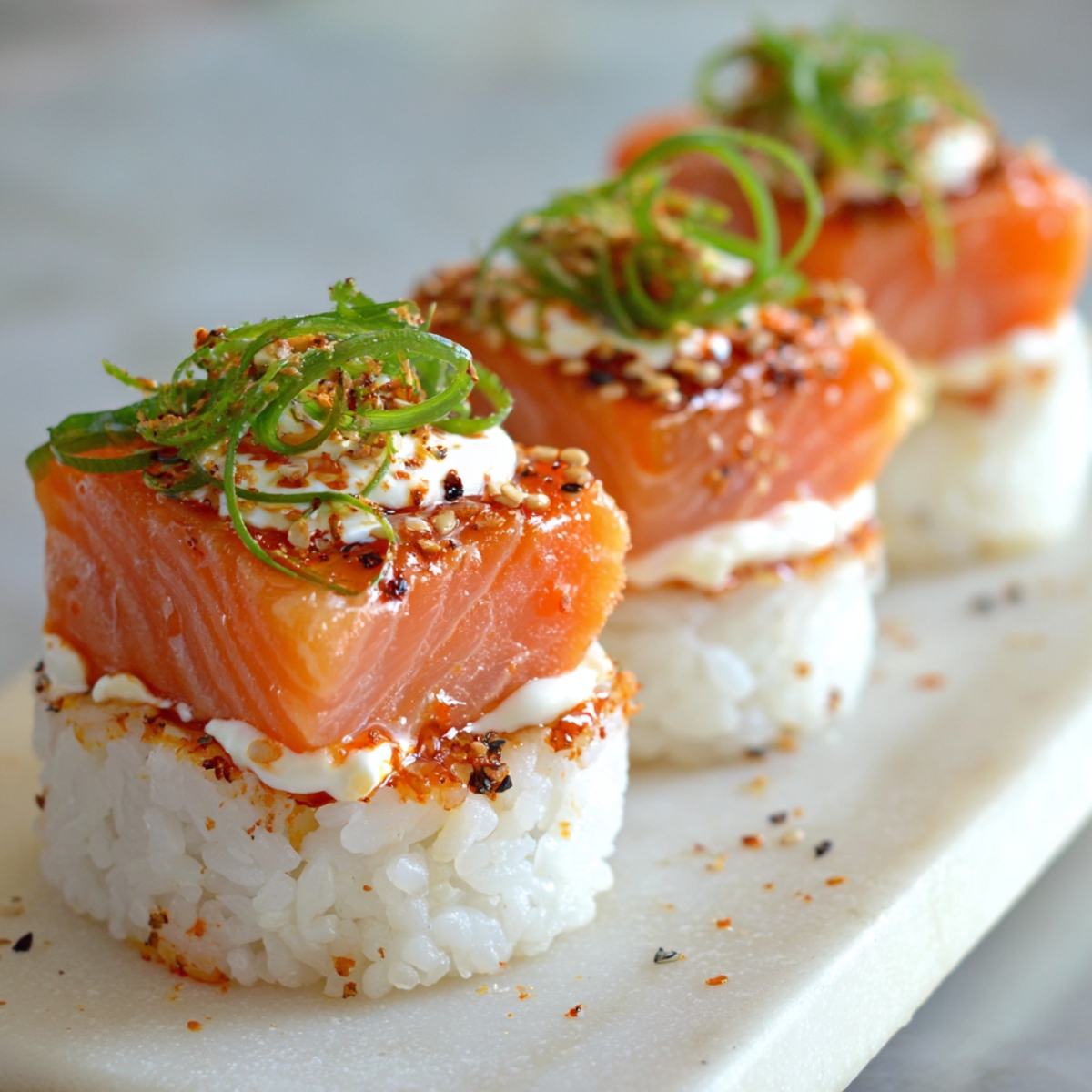 Close-up of spicy salmon sushi bake bites topped with mayo, sesame seeds, and green onion curls on top of rice rounds.