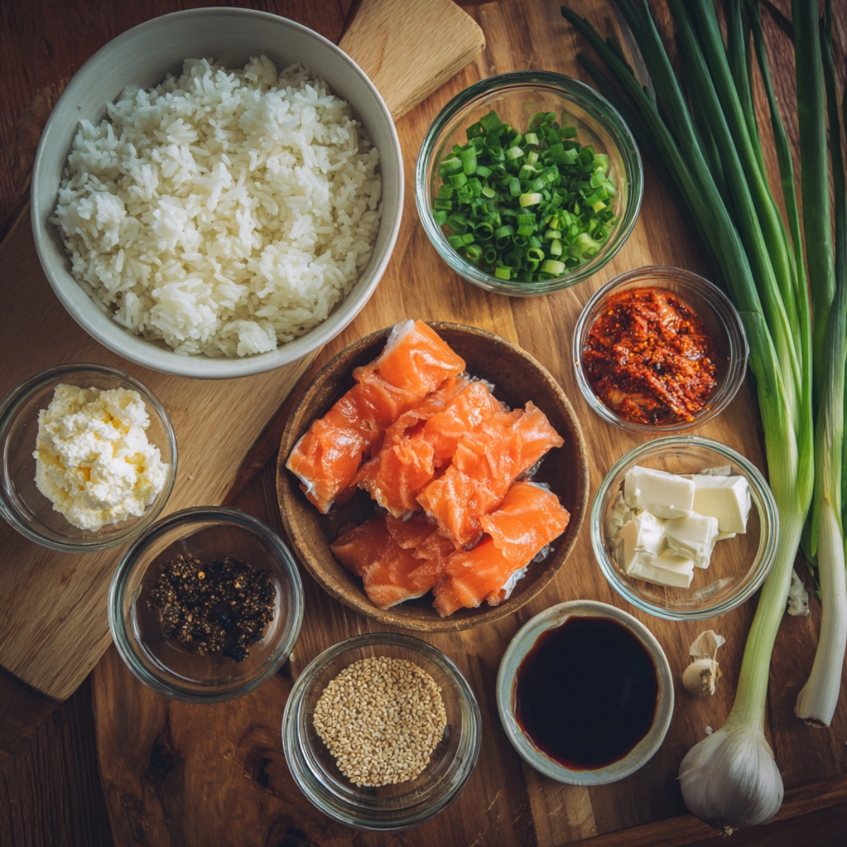 Overhead view of sushi bake ingredients including white rice, raw salmon chunks, soy sauce, cream cheese, sesame seeds, chili paste, and green onions on a wooden table.