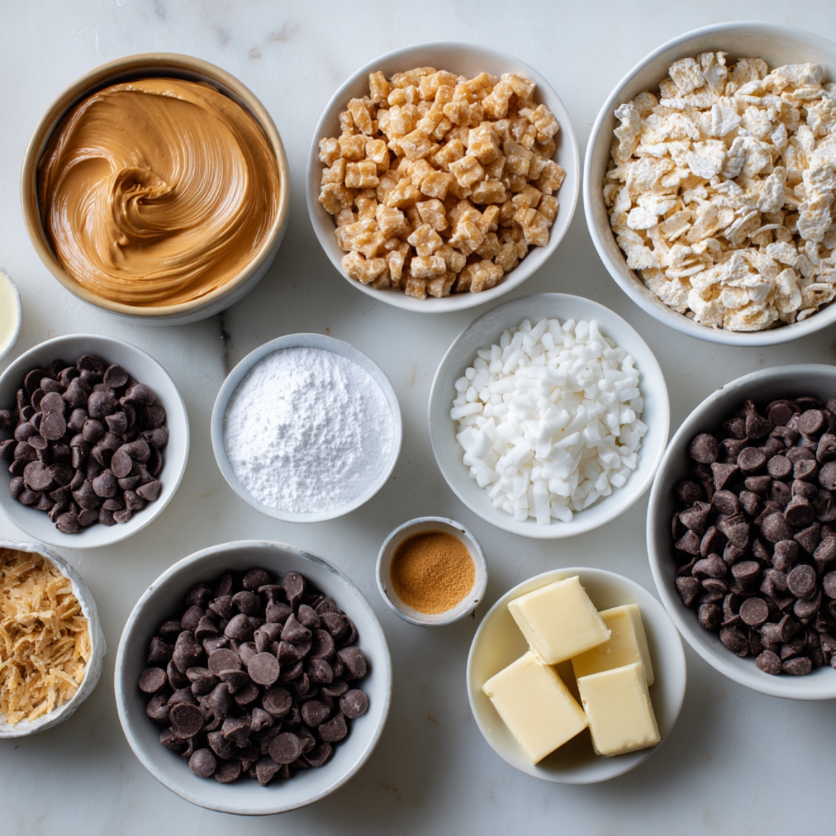 Overhead view of dessert ingredients including peanut butter, chocolate chips, crispy rice cereal, marshmallows, butter, and powdered sugar arranged in bowls.chocolate peanut butter rice krispie cups