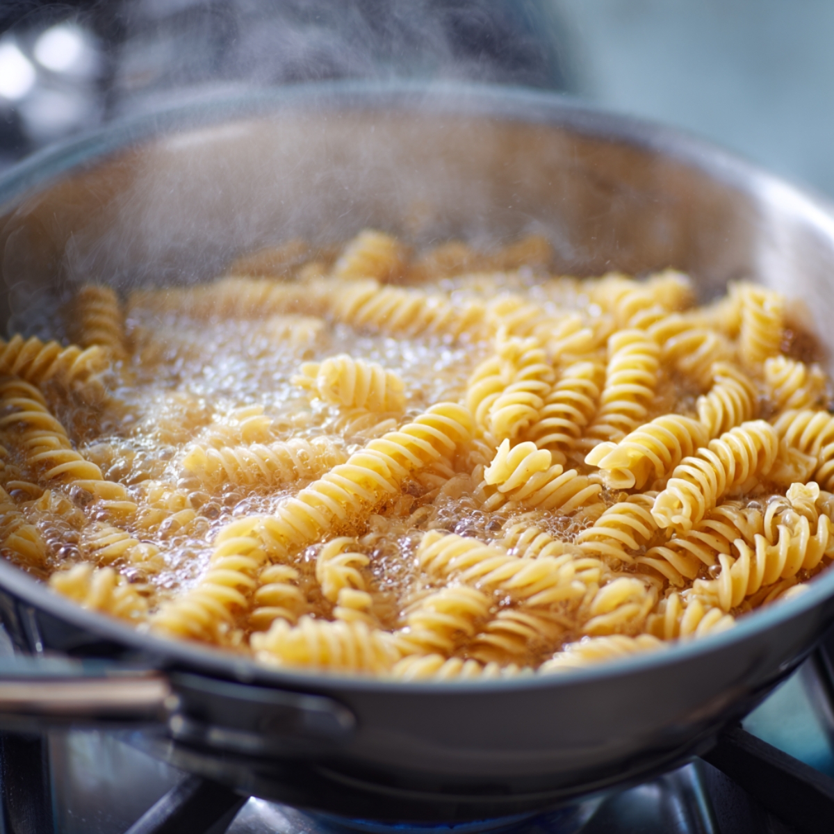 Rotini pasta boiling in a pot of water on the stove, releasing steam.