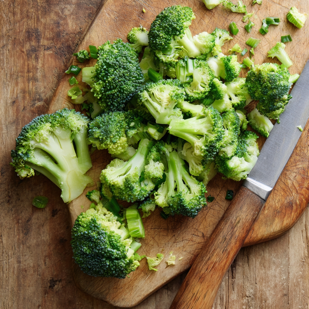 : Freshly chopped broccoli florets on a wooden cutting board with a knife.