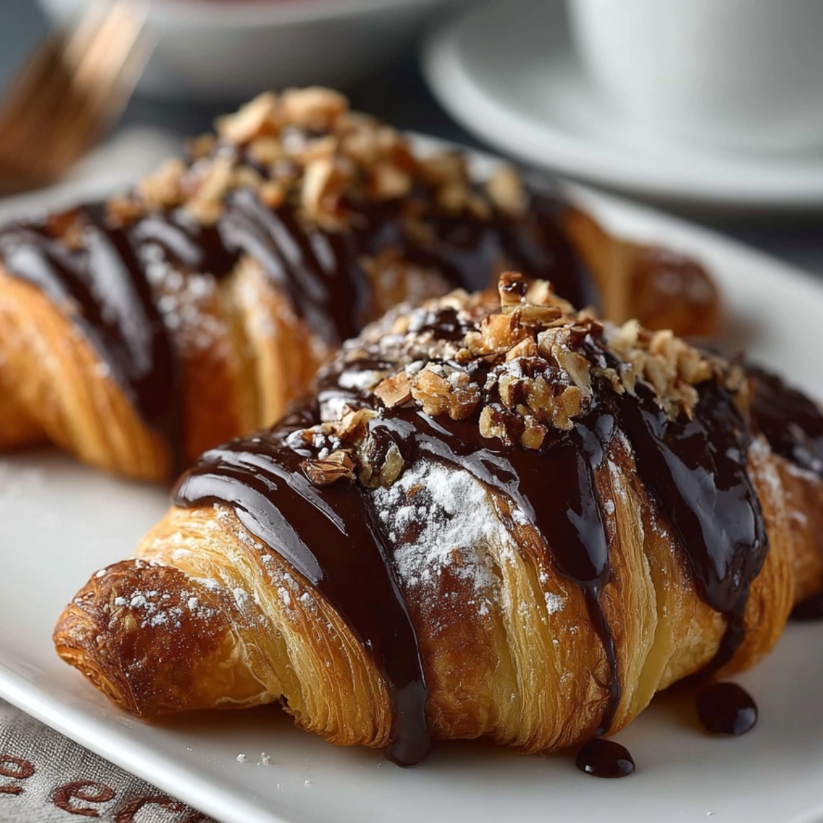 Two golden-brown chocolate croissant topped with drizzled melted chocolate and chopped nuts, dusted lightly with powdered sugar. They look glossy, flaky, and freshly baked, served on a white plate — a perfect presentation for pain au chocolat or chocolate almond croissants.
