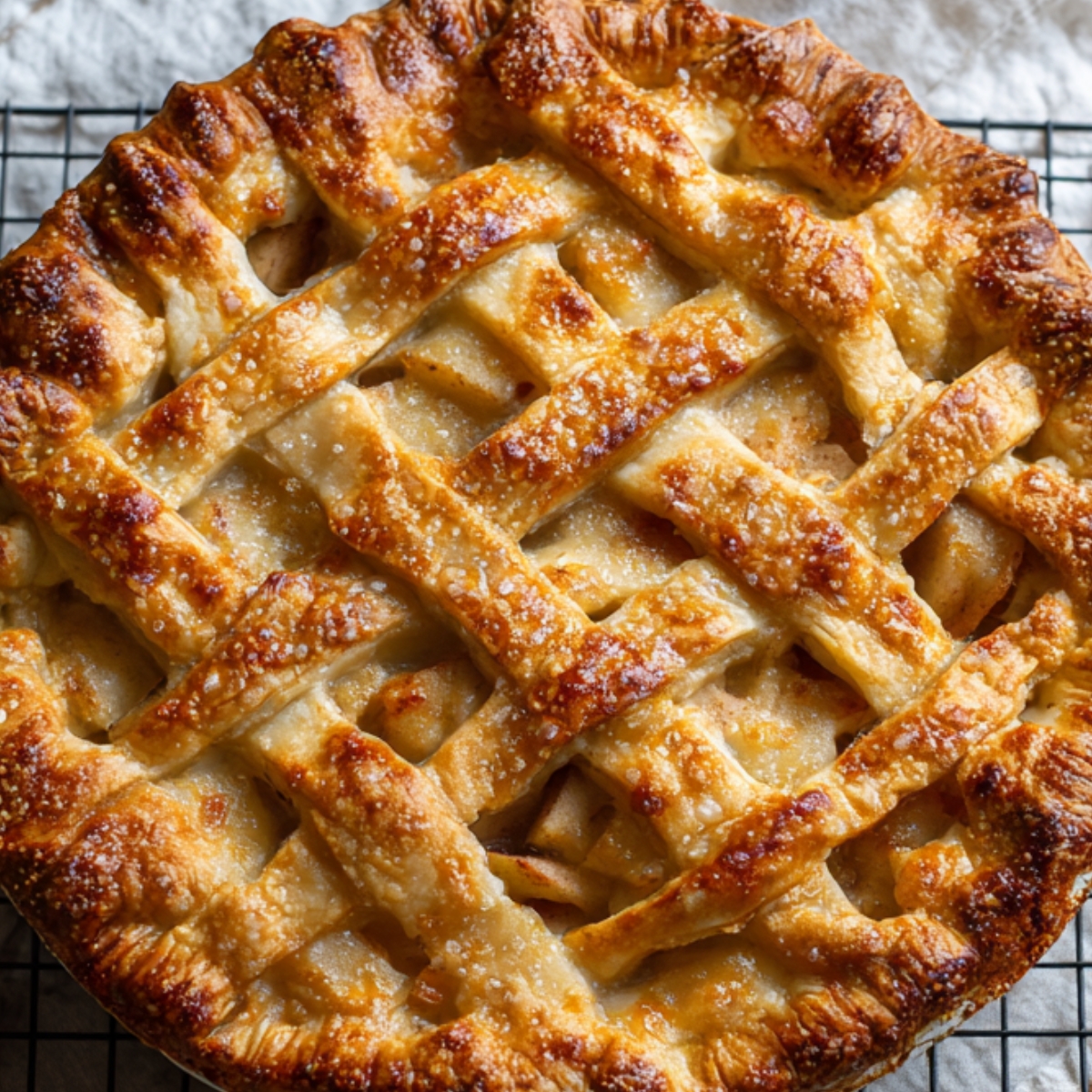 A beautifully baked golden-brown pie with a lattice crust design on top. The crisscross pastry strips are evenly browned and sprinkled with coarse sugar for sparkle and texture. The filling underneath seems fruity, possibly apple or berry, with hints of bubbling syrup between the lattice.