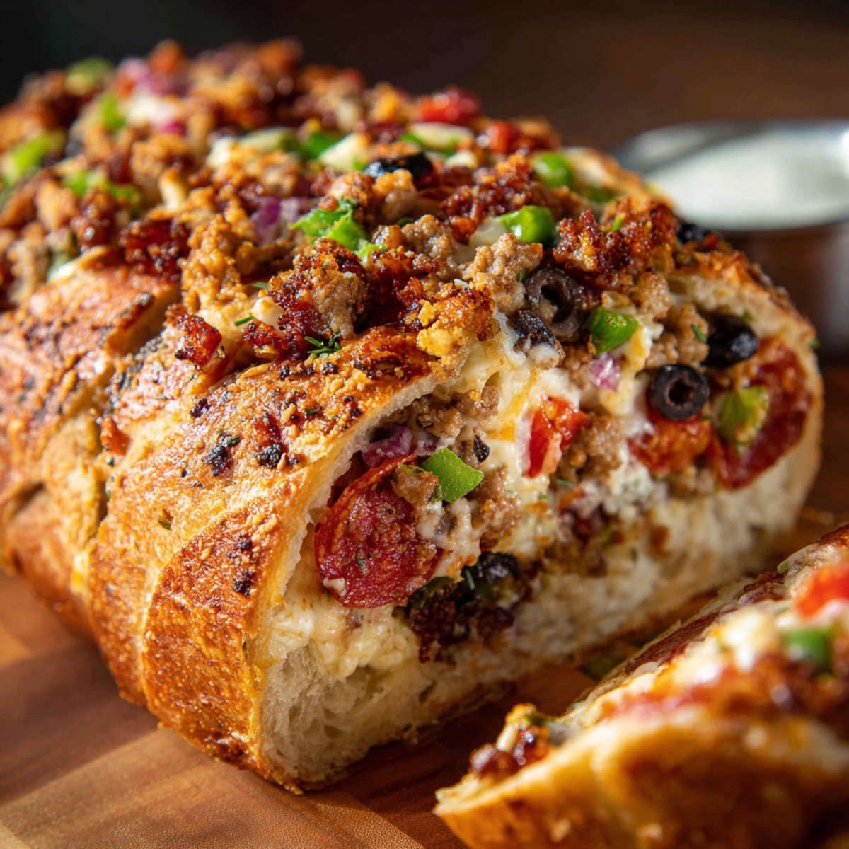 Sliced loaf o garbage bread bread filled with melted cheese, pepperoni, sausage, olives, onions, and peppers, baked to golden perfection.