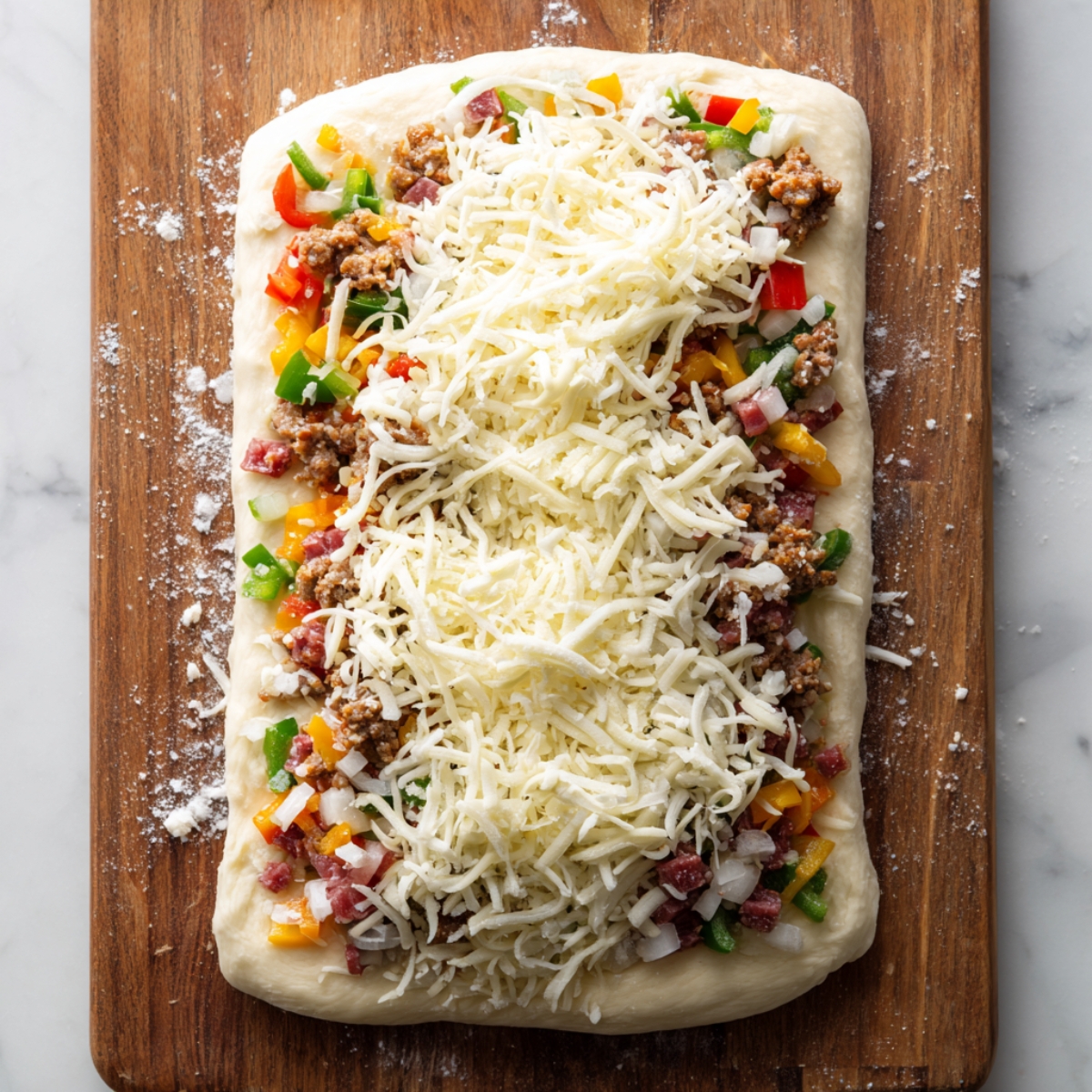 Rectangular sheet of pizza dough topped with cooked meat, diced bell peppers, onions, and shredded mozzarella cheese on a wooden board.