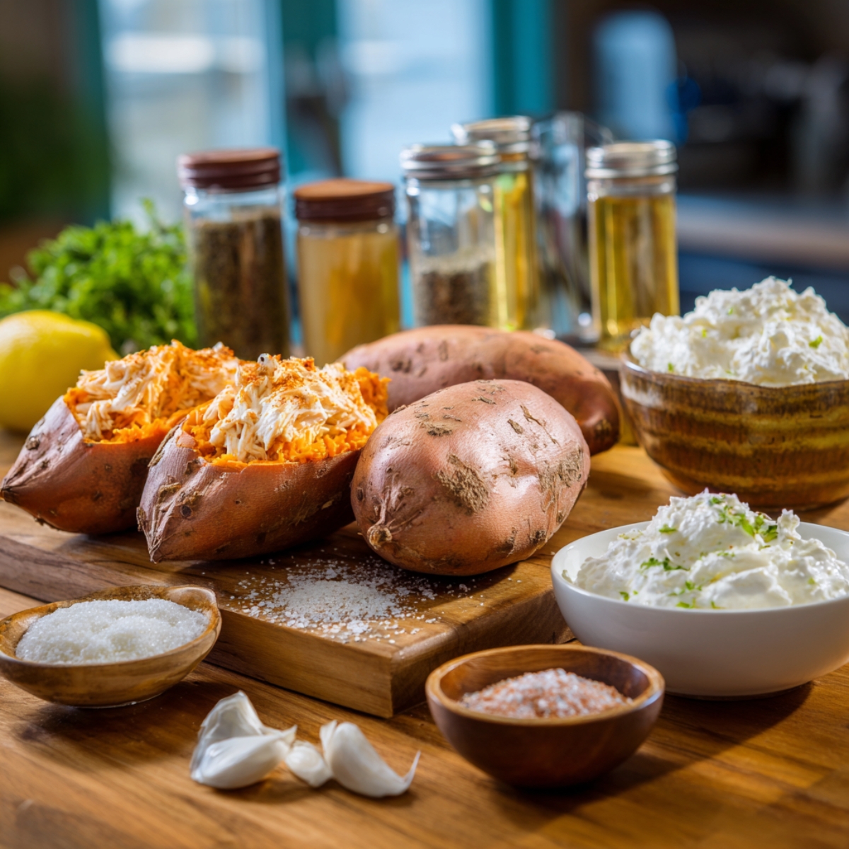 Wooden table with sweet potatoes, bowls of cheese, spices, and herbs, with stuffed sweet potatoes filled with shredded chicken in the background.