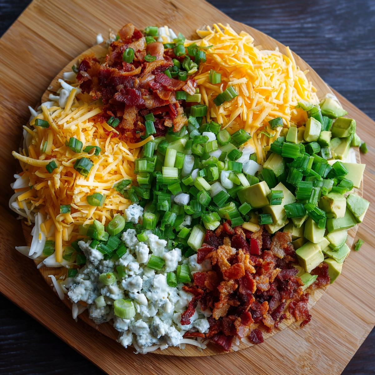 Wooden board topped with colorful chopped toppings — shredded cheddar, bacon, avocado, blue cheese, and green onions for baked potatoes.