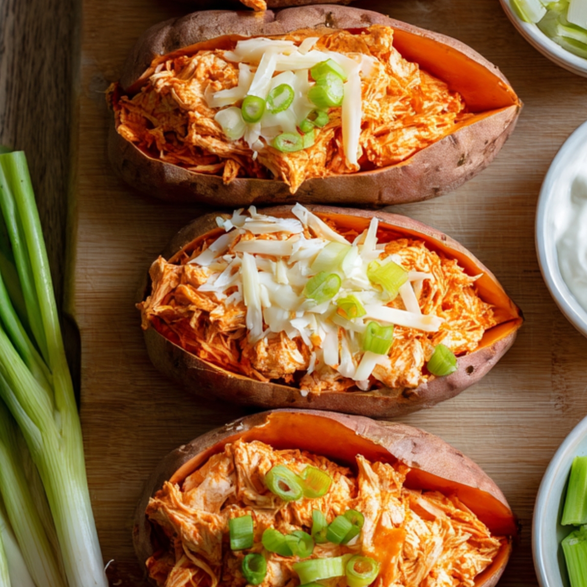 Three baked sweet potatoes stuffed with shredded buffalo chicken, melted cheese, and sliced green onions on a wooden board.