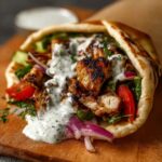 chicken shawarma with garlic sauce wrapped in warm pita bread, filled with lettuce, tomatoes, cucumbers, red onions, and topped with creamy tzatziki sauce.