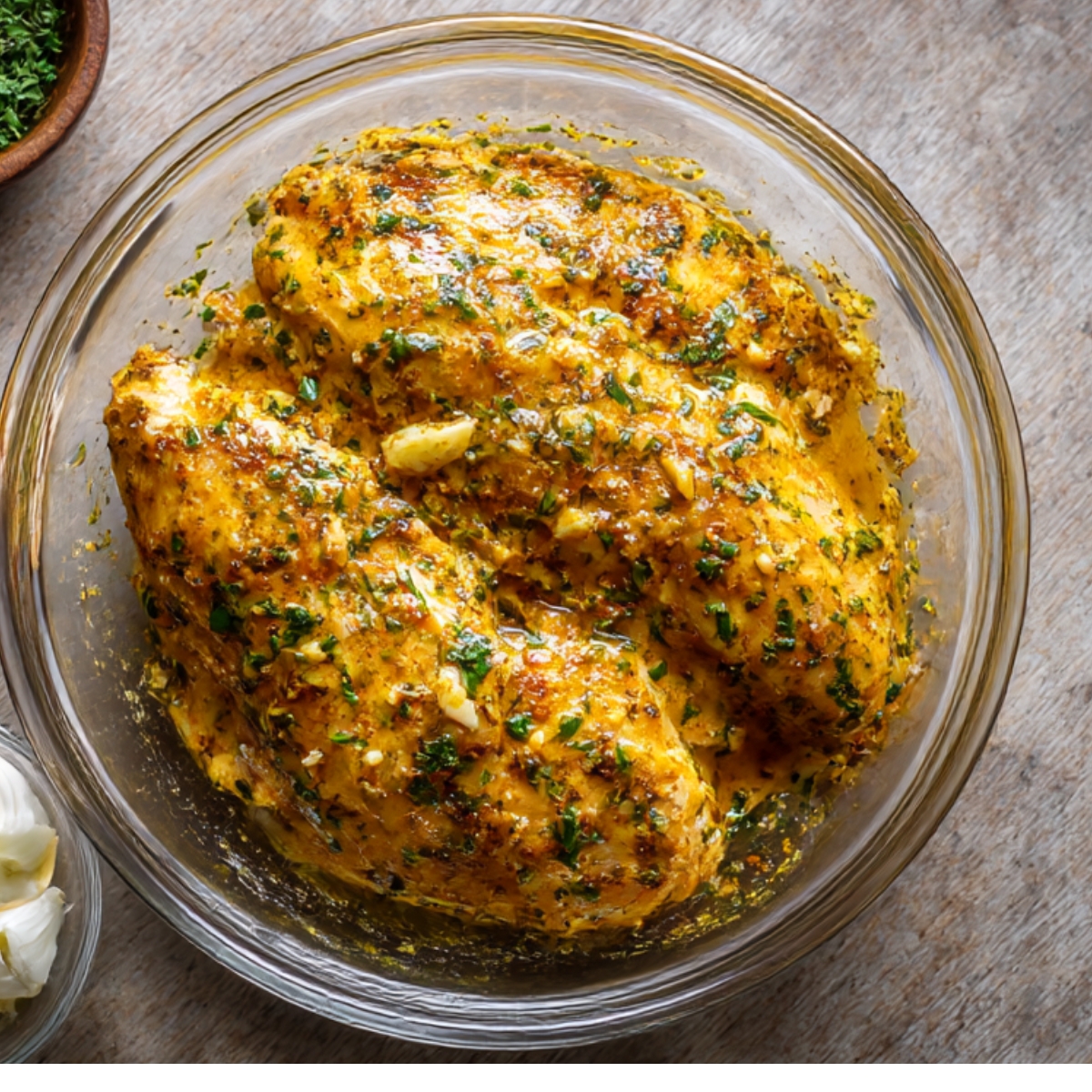 Bowl containing marinated chicken breasts coated with a mixture of herbs, spices, garlic, and olive oil.