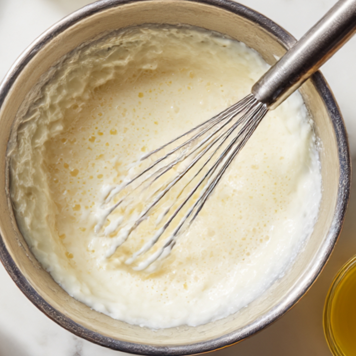 Mixing bowl filled with creamy homemade yogurt sauce being whisked until smooth and frothy.