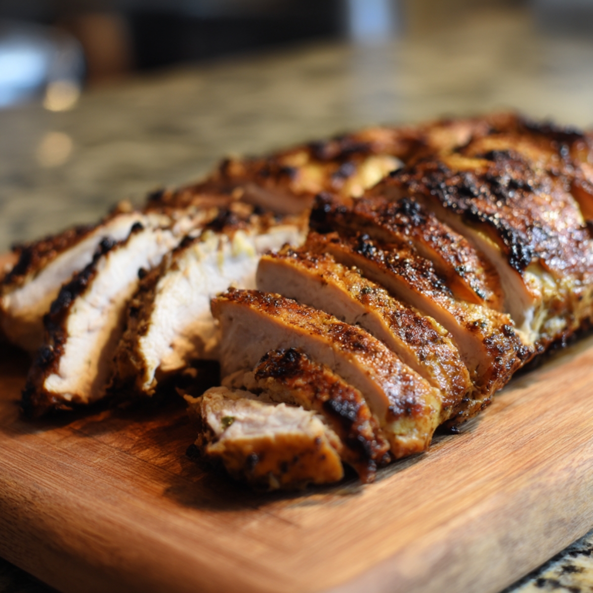 Sliced grilled chicken breast with a golden-brown crust arranged on a wooden cutting board.