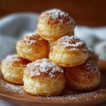 Stack of freshly baked nun puffs recipe dusted with powdered sugar arranged on a wooden plate.