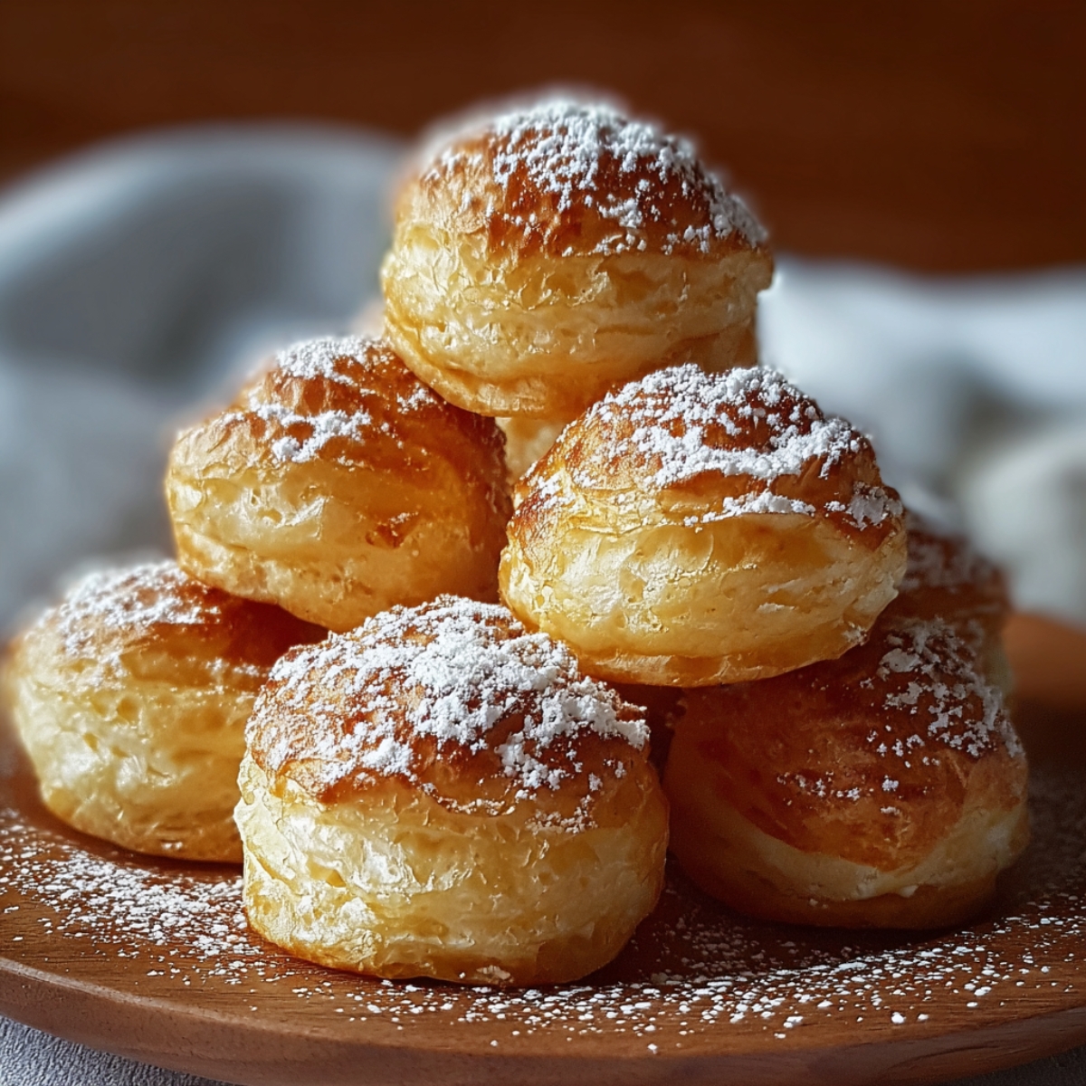 Stack of freshly baked nun puffs recipe dusted with powdered sugar arranged on a wooden plate.