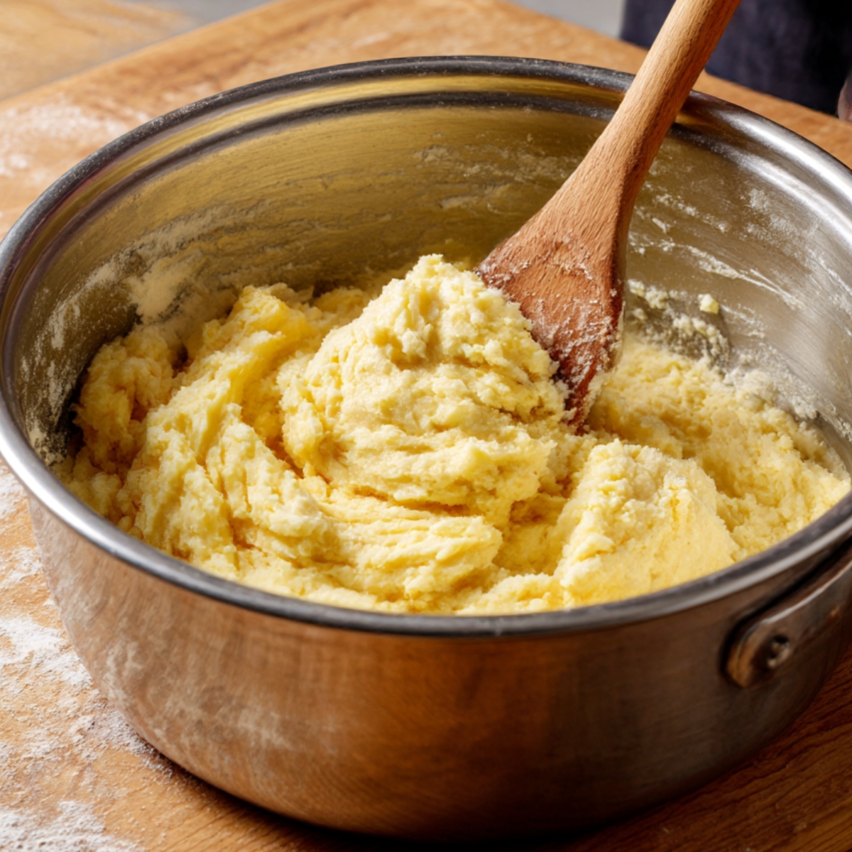 Saucepan filled with thick pastry dough mixture being stirred with a wooden spoon on a floured wooden surface.