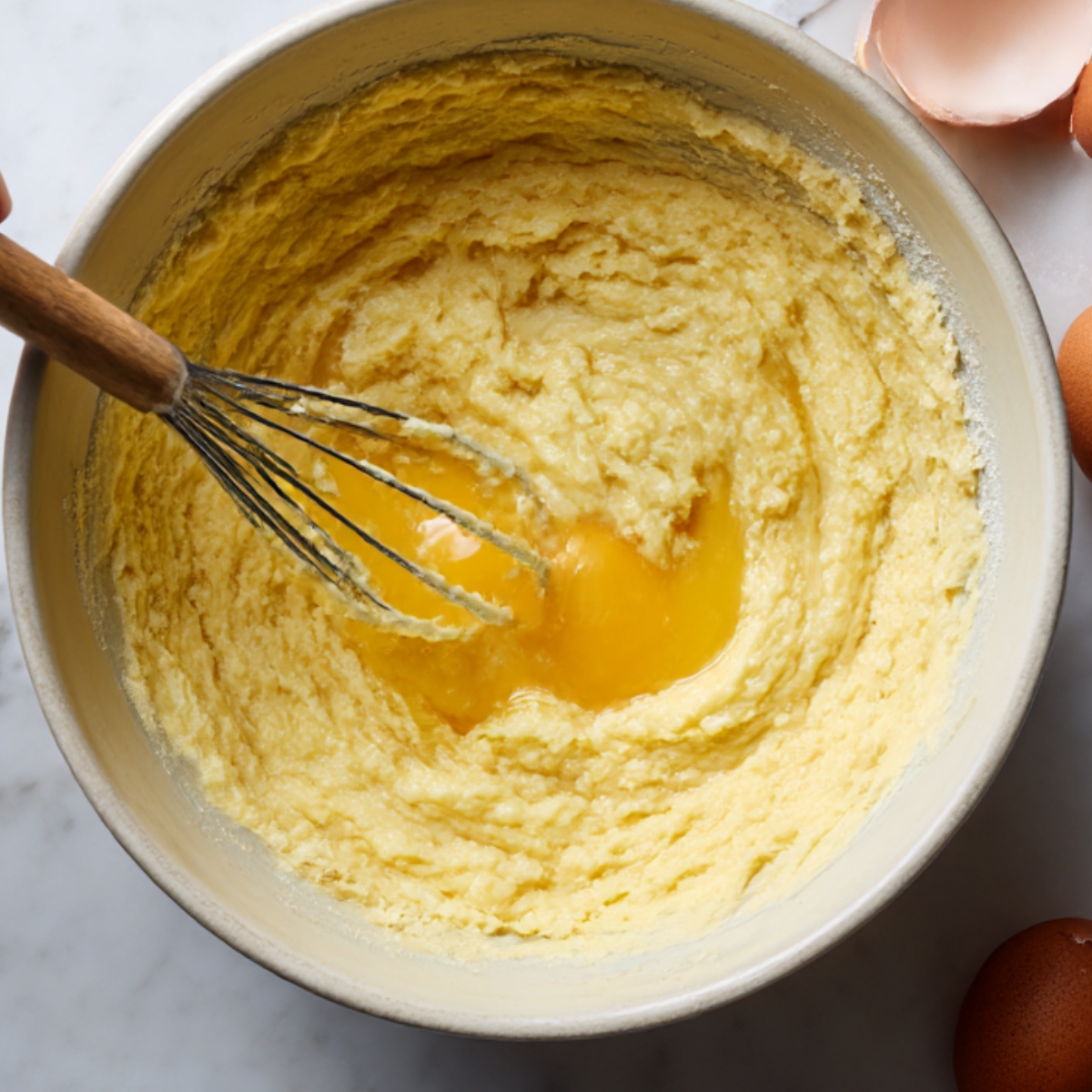 Mixing bowl with yellow cake batter being whisked together with eggs, surrounded by cracked eggshells on a marble counter.