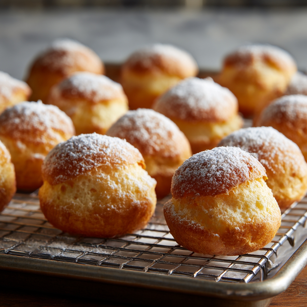 Golden cream puffs dusted with powdered sugar cooling on a wire rack over a baking sheet.