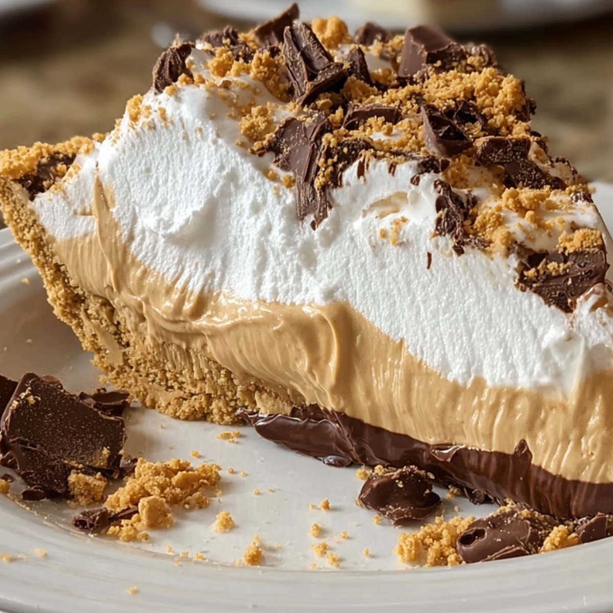 Slice of layered peanut butter pie topped with whipped Amish peanut butter cream pie , and graham cracker crumbs on a white plate.