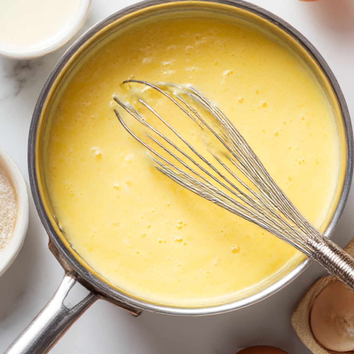 Metal mixing bowl with smooth yellow custard being whisked on a marble counter surrounded by ingredients.
