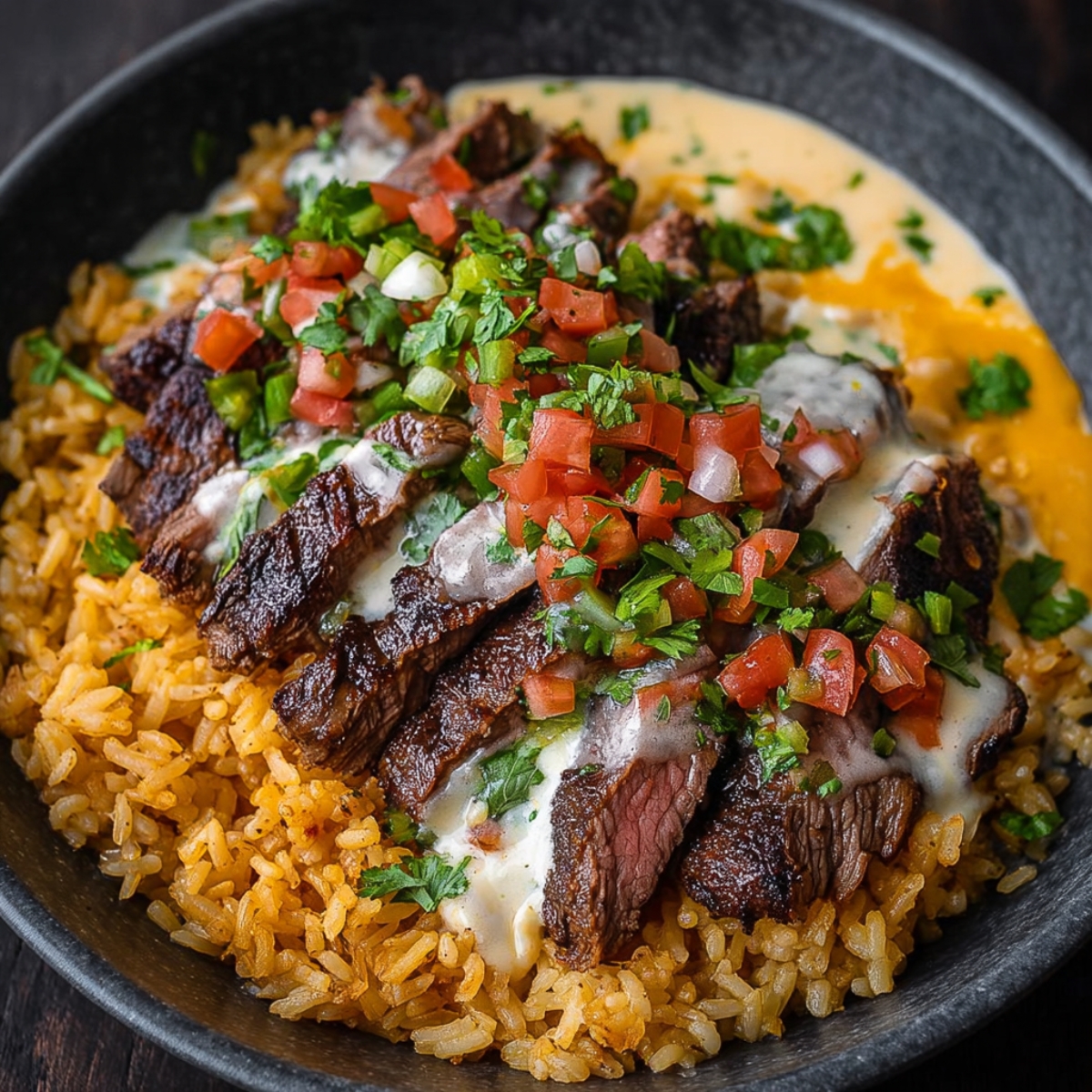A bowl of steak and queso rice and rice topped with creamy cheese sauce, pico de gallo, and fresh cilantro.