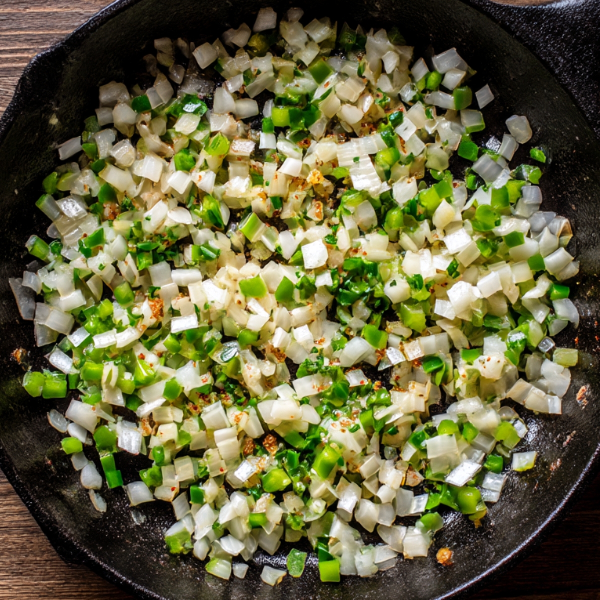 Rice being sautéed with onions in a pan using a wooden spoon to develop a golden, aromatic base.