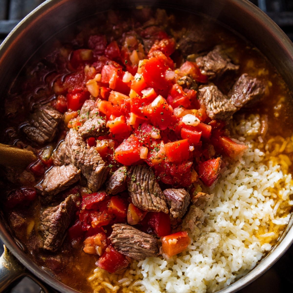 Cooked beef, diced tomatoes, and rice mixed together in a pan, forming a flavorful tomato-based rice dish.