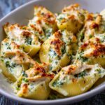 Close-up of freshly baked chicken alfredo stuffed shells with golden cheese and herbs, served in a white baking dish.