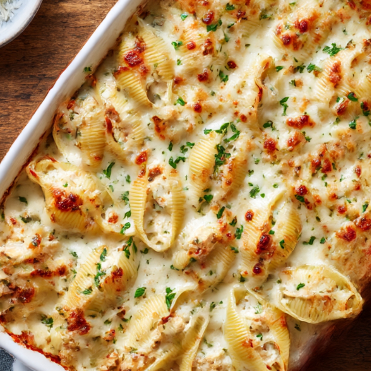 Baked chicken Alfredo stuffed shells topped with golden melted cheese and fresh parsley in a white casserole dish.