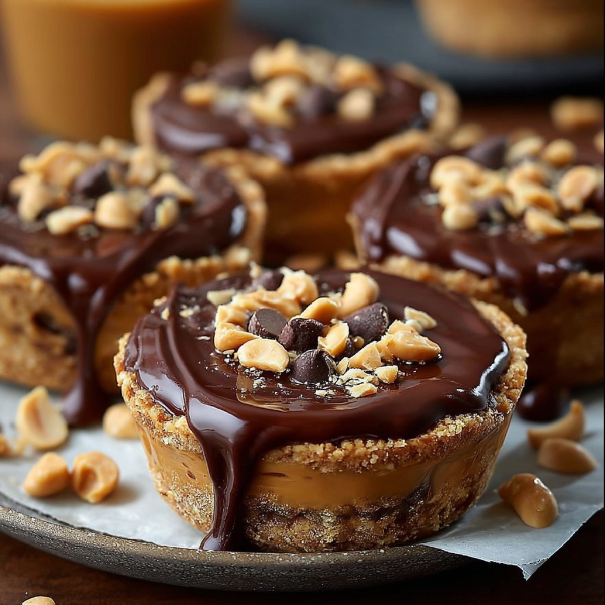 Mini peanut butter mini chocolate peanut butter pies topped with glossy chocolate ganache, chopped peanuts, and chocolate chips on a plate.