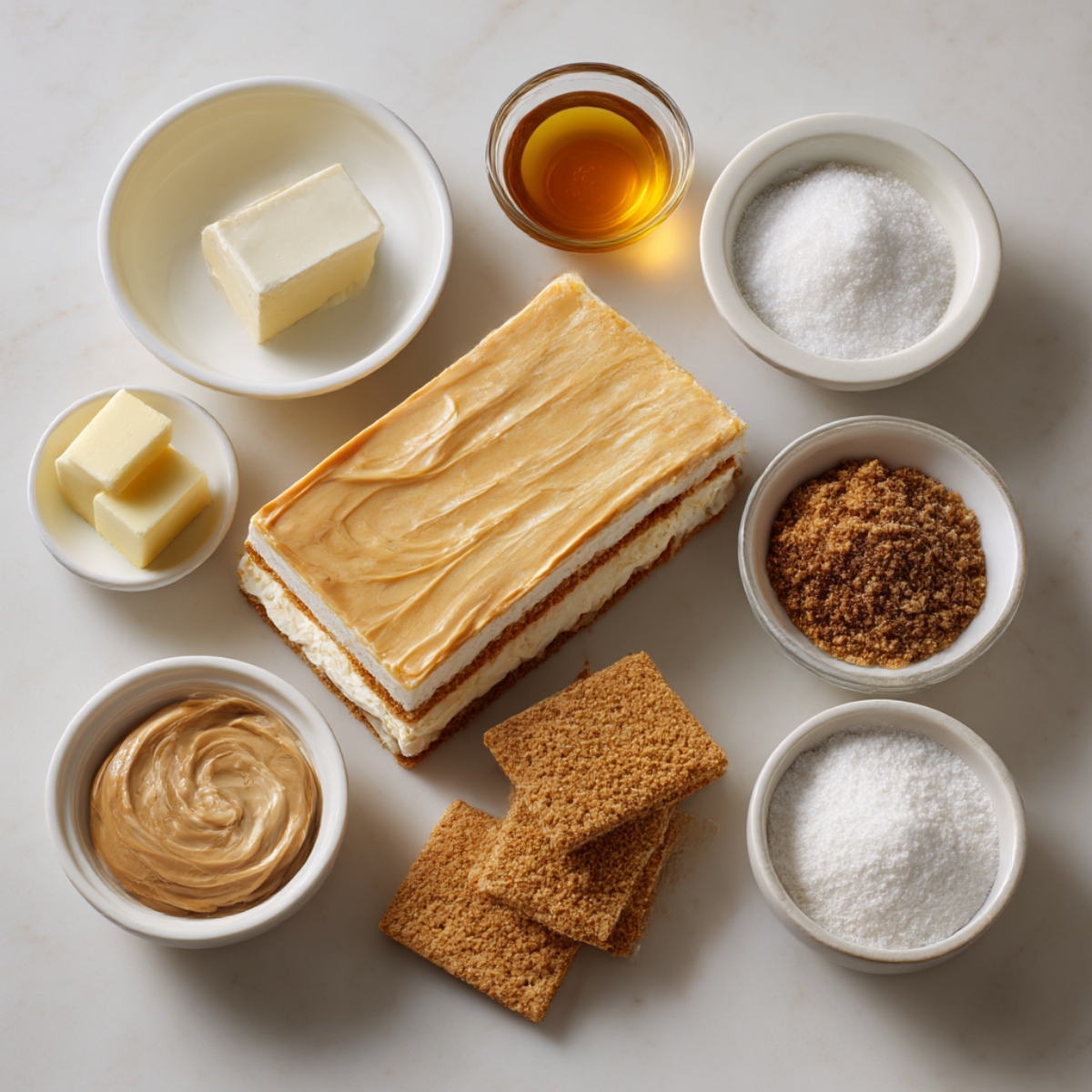 Peanut butter dessert ingredients arranged neatly on a marble surface — graham crackers, brown sugar, butter, peanut butter, honey, and powdered sugar.