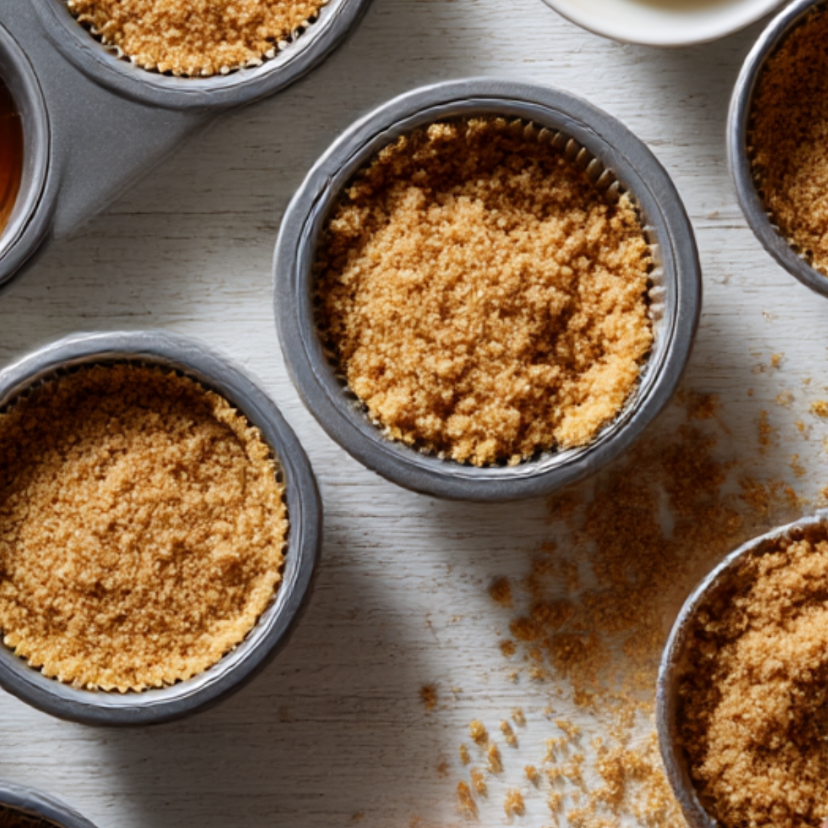 Mini graham cracker crusts pressed into muffin tins, forming the base for individual peanut butter chocolate pies.