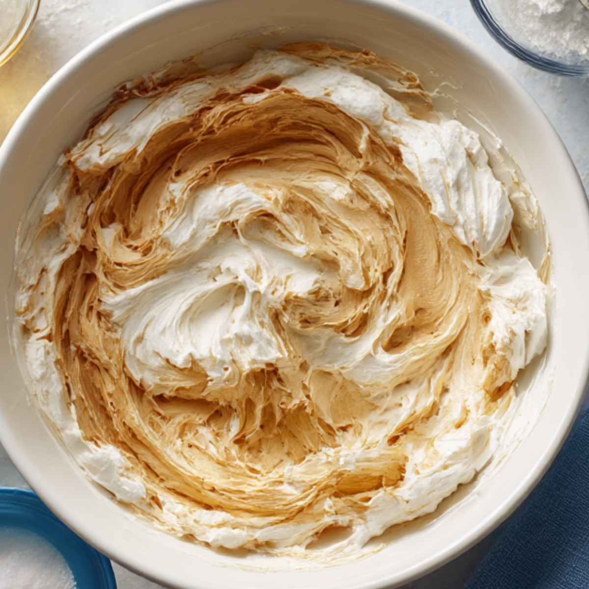 Creamy peanut butter and whipped mixture swirled together in a white mixing bowl, creating a fluffy dessert filling.